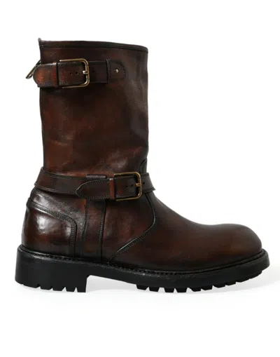 Shop Dolce & Gabbana Brown Leather Mid Calf Biker Boots Shoes