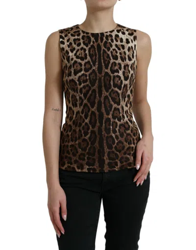 Shop Dolce & Gabbana Brown Leopard Cotton Sleeveless Tank Top