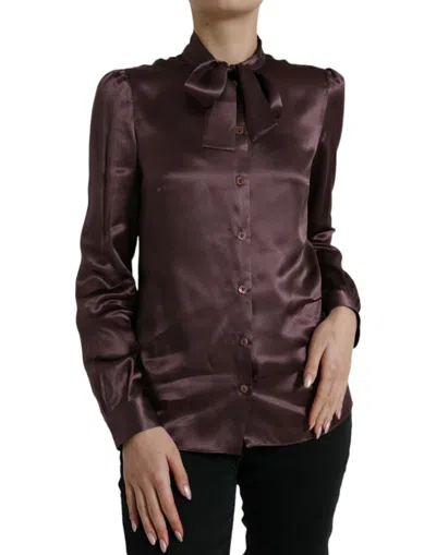 Dolce & Gabbana Brown Silk Ascot Collar Long Sleeve Blouse Top In Brown