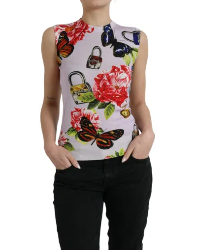 Shop Dolce & Gabbana Multicolor Floral Padlock Butterfly Tank Top