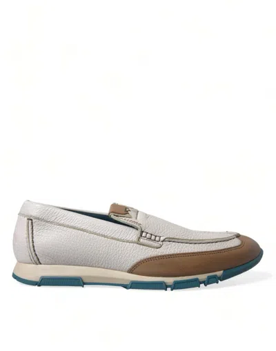 Shop Dolce & Gabbana White Brown Leather Slip On Men Moccasin Shoes