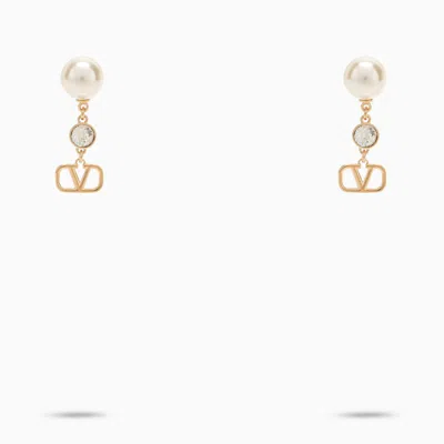 Shop Valentino Golden Vlogo Signature Earrings With Pearl In Metal