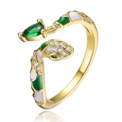 Shop Rachel Glauber Rg 14k Yellow Gold Plated With Emerald & Cubic Zirconia Coiled Snake Serpent Open Bypass Cuff Ring In Green