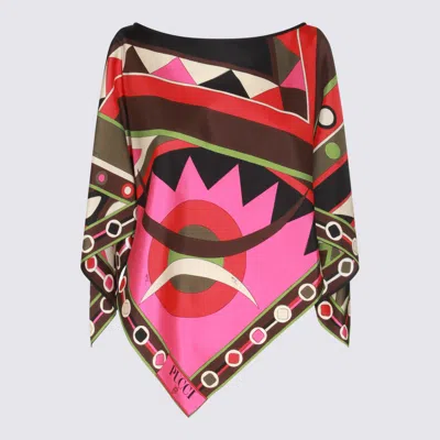 Shop Pucci Multicolor Silk Top In Khaki/fuxia