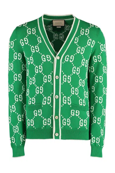 Shop Gucci Logo Detail Cotton Cardigan In Green
