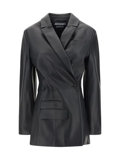Jacquemus Tibau Double-breasted Leather Jacket In Black
