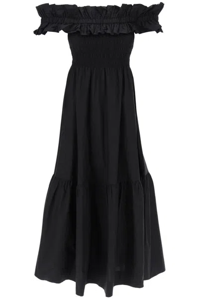Shop Ganni Flared Midi Dress With Off-should In Black