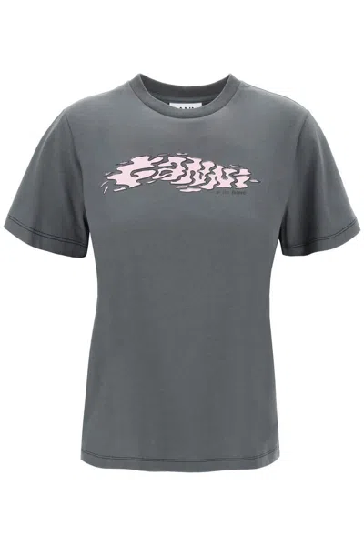 Shop Ganni T-shirt With Logo Print In Grey