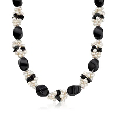 Shop Ross-simons 5-20mm Onyx Bead And 5-6mm Cultured Pearl Cluster Necklace With Sterling Silver In Black