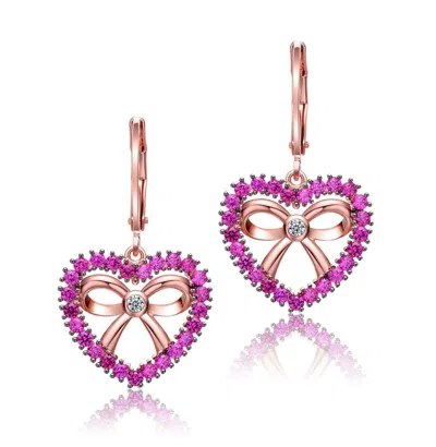 Rachel Glauber 18k Rose Gold Plated Heart Dangle Earrings With Clear And Ruby Cubic Zirconia In Pink