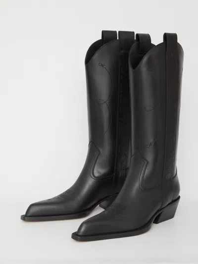 Off-white For Walking Leather Western Boots With Embroideries In Black