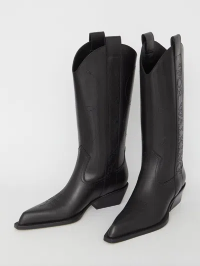 Off-white For Walking Leather Western Boots With Embroideries In Black