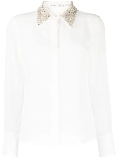 Shop Alice And Olivia Alice + Olivia Crystal Embellished Silk Shirt In White