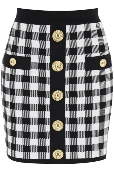 Shop Balmain Gingham Knit Mini Skirt With Embossed Buttons In Multicolor