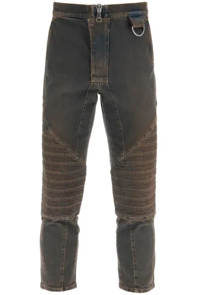 Shop Balmain Stretch Jeans With Quilted And Padded Inserts In Brown