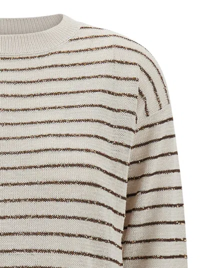 Shop Brunello Cucinelli Beige Striped Round Neck Pullover In Cotton Woman