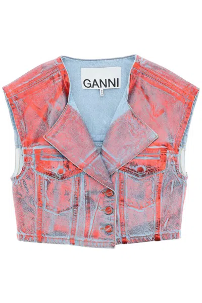 Shop Ganni Cropped Vest In Laminated Denim In Multicolor