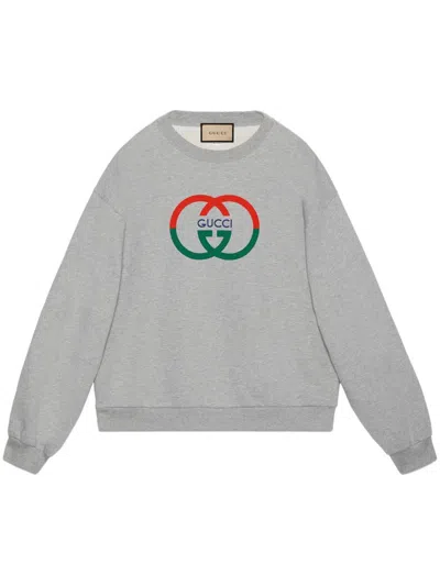 Shop Gucci Logo Cotton Crewneck Sweatshirt In Grey