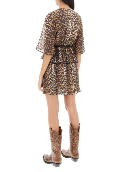 Shop Ganni Pleated Mini Dress With Leopard Motif In Multicolor