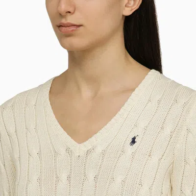 Shop Polo Ralph Lauren Cream-coloured Cable-knit Sweater With Logo In Beige