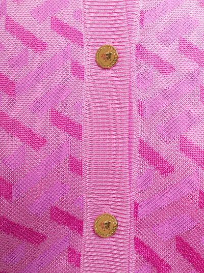 Shop Versace Pink La Greca Monogram Cardigan In Silk Blend Woman