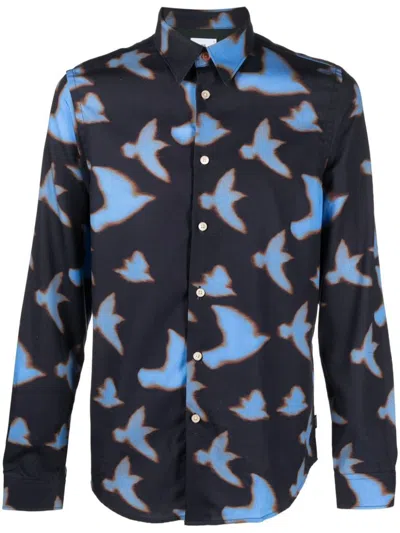 Shop Paul Smith Shadow Birds Cotton Blend Shirt In Blue