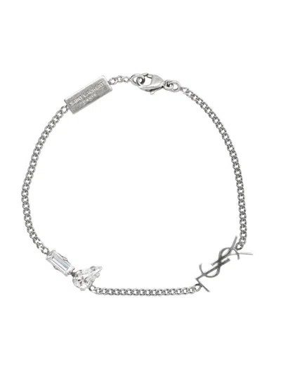 Shop Saint Laurent Cassandre Charm Bracelet In Silver Oxyde/crystal
