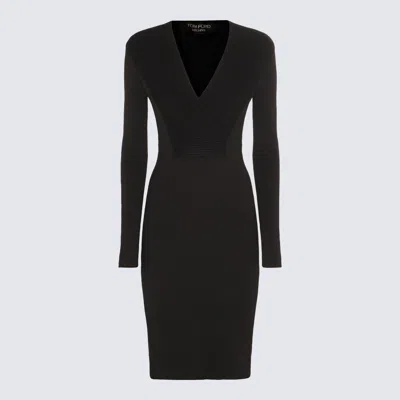 Shop Tom Ford Black Virgin Wool Blend V Neck Midi Dress