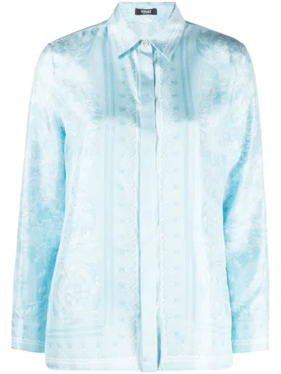 Shop Versace Barocco Print Silk Shirt In Clear Blue