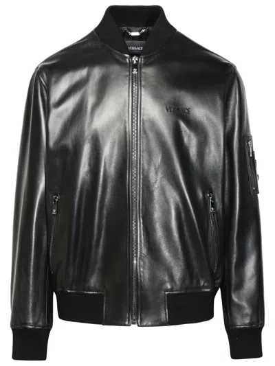 Shop Versace Black Leather Bomber Jacket