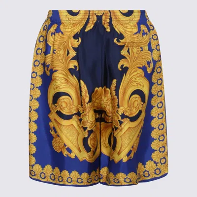 Shop Versace Black, Blue And Yellow Silk Shorts
