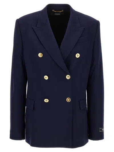 Shop Versace Double-breasted Blazer In Blue
