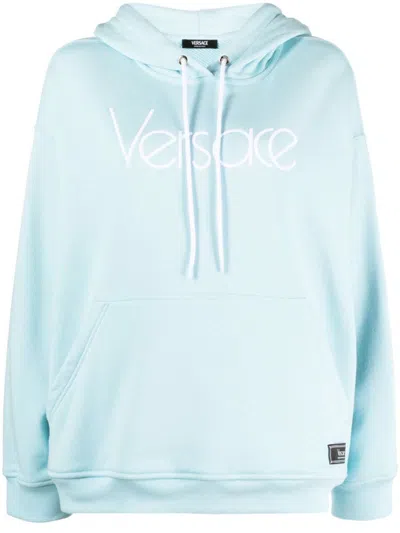 Shop Versace Logo Organic Cotton Hoodie In Clear Blue