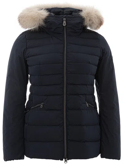 Shop Peuterey Elegant Blue Quilted Jacket With Fur Women's Collar