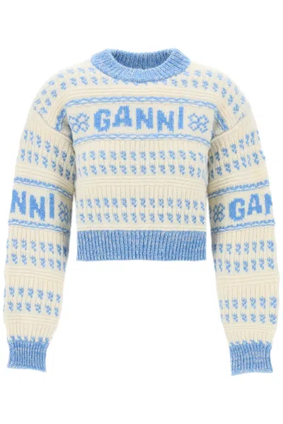 Shop Ganni Pullover Cropped In Lana Jacquard In White, Blue