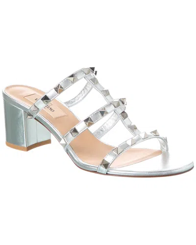 Shop Valentino Rockstud Caged 60 Leather Sandal In Silver