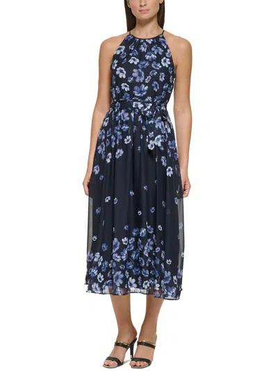 Shop Dkny Womens Chiffon Floral Midi Dress In Blue