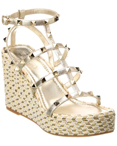 Shop Valentino Rockstud Caged 95 Leather Ankle Strap Wedge Sandal In Gold