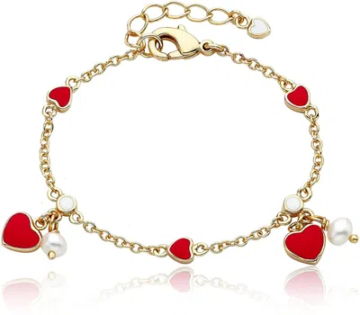 Rachel Glauber Rg 14k Yellow Gold Plated With Red Enamel Heart & Pearl Dangle Charm Bracelet In Red