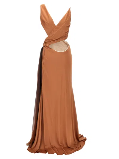 Shop Roberto Cavalli Draped Long Dress Dresses Brown