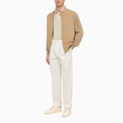 Shop Brunello Cucinelli Beige Leather Jacket With Knitted Sleeves Men In Cream