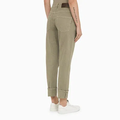 Shop Brunello Cucinelli Safari Green Regular Cotton Trousers Women