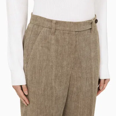 Shop Brunello Cucinelli Tobacco-coloured Linen Trousers Women In Gray