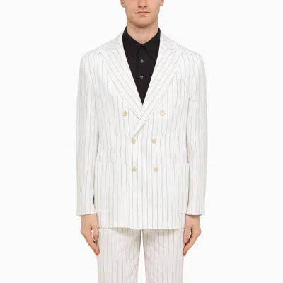 Shop Brunello Cucinelli White Linen Pinstripe Double-breasted Jacket Men