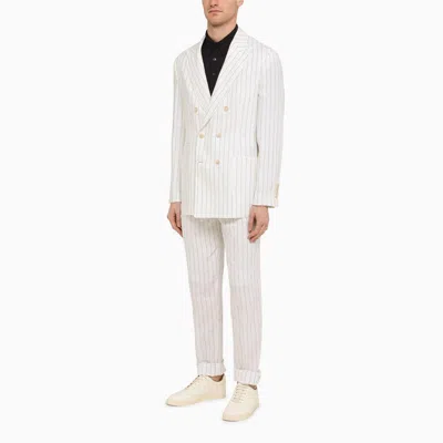 Shop Brunello Cucinelli White Linen Pinstripe Trousers Men