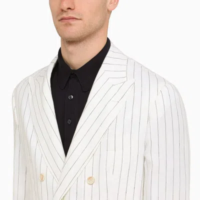Shop Brunello Cucinelli White Linen Pinstripe Double-breasted Jacket Men