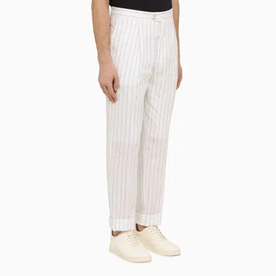 Shop Brunello Cucinelli White Linen Pinstripe Trousers Men