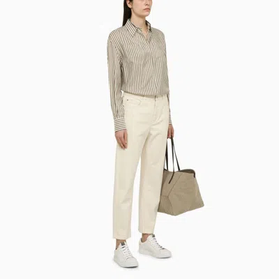Shop Brunello Cucinelli White/beige/lignite Striped Silk Shirt Women In Gray