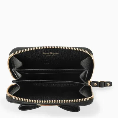 Shop Ferragamo Vara Black Leather Zip-around Wallet With Bow Women In Multicolor