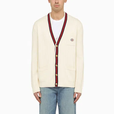 Shop Gucci Ivory Cotton Cardigan With Web Ribbon Men In Multicolor